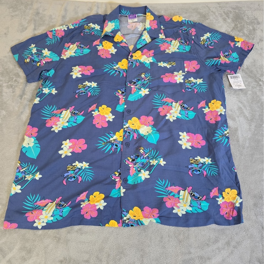 Disney Stitch Shirt Mens XL Blue Stitch All Over Print Hawaiian Button Down